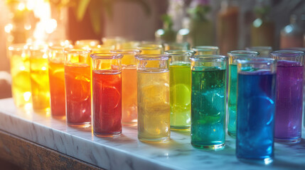Bird's-eye view of jars filled with rainbow-colored liquids on a marble table.