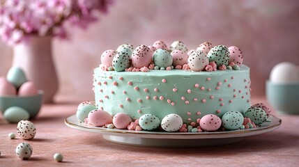 A pastel-colored cake adorned with decorative eggs and sprinkles, perfect for a festive celebration.