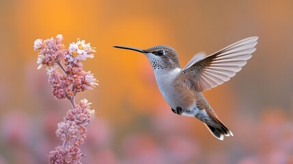 Naklejka premium A hummingbird hovering near pink flowers against a soft, blurred background.