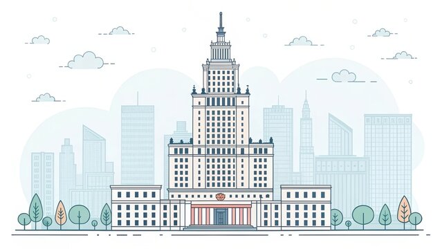 office building with city scape, ancient retro illustration background