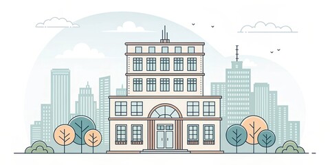 Obraz premium office building with city scape, ancient retro illustration background