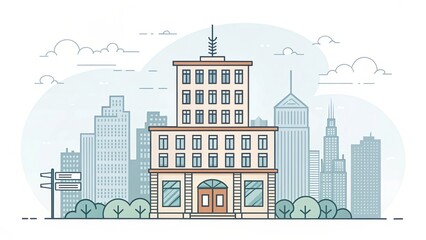Obraz premium office building with city scape, ancient retro illustration background