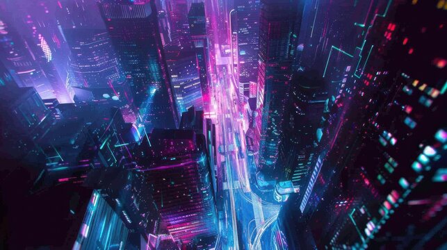 a futuristic cityscape illuminated by neon lights and holographic displays, white space in the center of the page for text, bold and vibrant colors contrasting against a dark urban backdrop