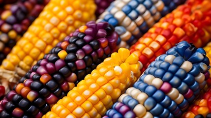 Closeup of Vibrant Multicolored Corn Kernels Artfully Arranged in a Captivating and Textured Display Showcasing the Natural Beauty and Richness of This Autumn Harvest Staple