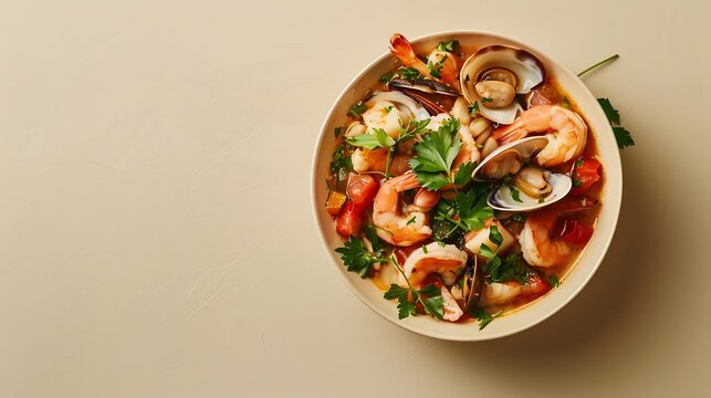A bowl of zuppe di pesce (fish stew) with assorted seafood and herbs, set against a plain beige background with ample space around the dish.