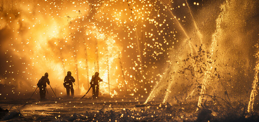 Firefighters battling a blaze amidst glowing sparks at night.
