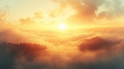 Obraz premium Golden Sunset Over Misty Mountain Peaks, Aerial View of Scenic Landscape