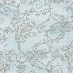 Light blue floral damask seamless pattern with delicate line art and vintage ornamental motifs. Perfect for fabric, wallpaper, stationery, and elegant backgrounds.