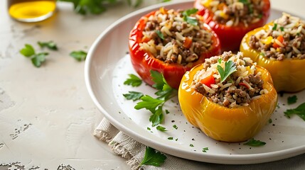 A dish of stuffed bell peppers with ground beef and rice, served on a white plate with a soft beige background and lots of space for text.