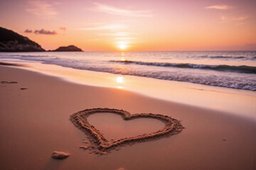 Tranquil beach scene at sunset with sand drawn hearts