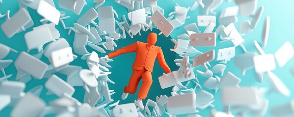 A Vibrant 3D Figure Breaking Free Surrounded by Speech Bubbles in a Dynamic Visual Escape from Confinement