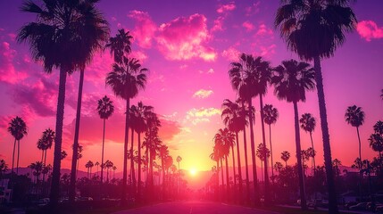 A vibrant sunset scene with palm trees silhouetted against a colorful sky, evoking a sense of tranquility and beauty.