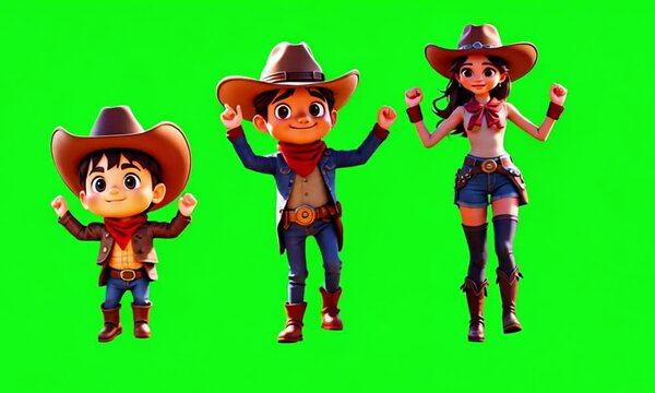 three cowboys dancing happily on the green screen
