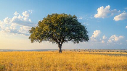 Fototapeta premium A solitary tree stands in a golden field under a blue sky with scattered clouds, evoking tranquility and nature's beauty.