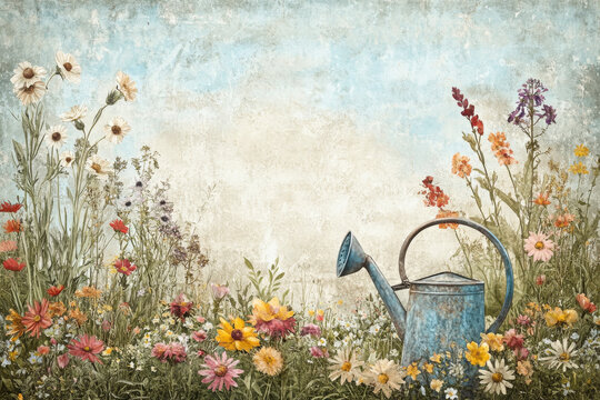 A lively garden scene with tools and flowers, beautifully framed with watercolor illustrations, ideal for gardening enthusiasts.