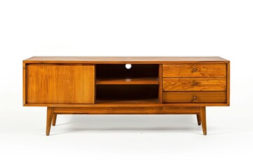 Sharp Image of Midcentury Modern Wood Tv Stand Isolated on White Background