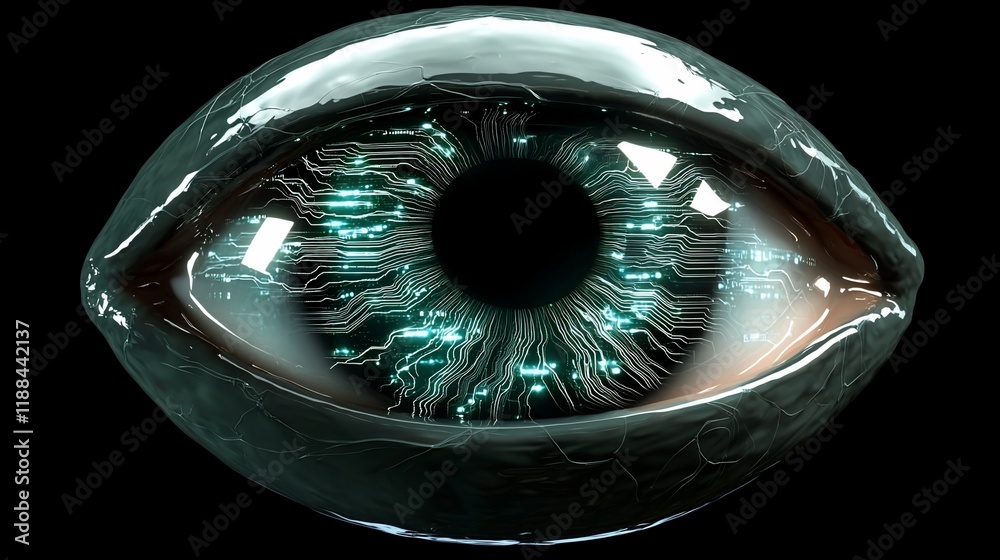 Poster futuristic eye with circuit board iris.