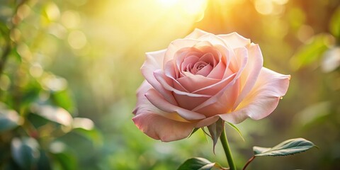 A delicate rose with soft pink petals unfolding its face towards sunlight , stem, botanical,  stem, botanical, flower, bloom