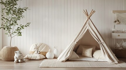 Cozy play tent in a minimalist kids room.