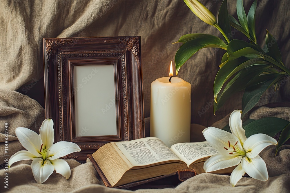 Sticker Composition with photo frame, candles, opened book and lily on light background 