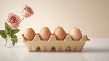 Six brown eggs in a cardboard carton with pink roses.