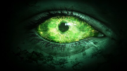 Fototapeta premium Glowing green eye, dark, creepy, detailed texture.