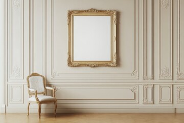 Elegant ornate gold frame mockup on classic wall with chair.