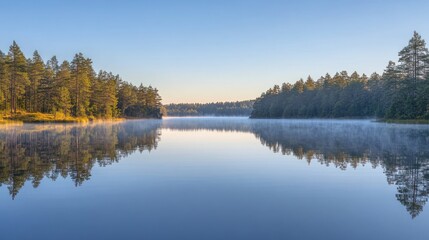 Obraz premium Misty forest lake sunrise reflection.