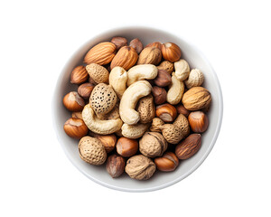 Overhead View of Mixed Nuts in White Bowl Isolated On A White Background, PNG Transparent
