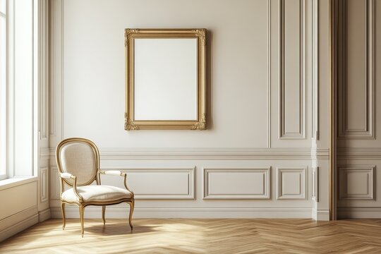Naklejki Elegant room interior with ornate chair and gold frame.