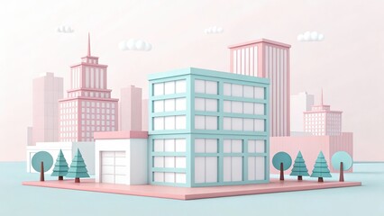 Fototapeta premium cute office building with city scape, 3d rendering illustration background