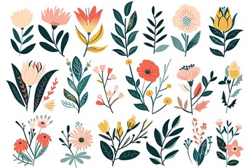 Detailed Color Picture of Flower Collection with Leaves and Floral Bouquets, Vector Elements