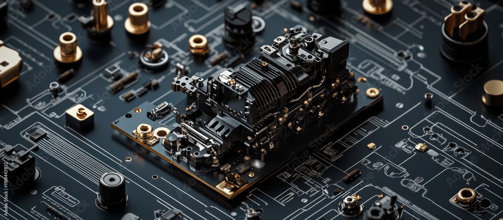 Poster Close-up of complex electronic circuit board with intricate components.