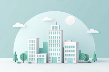 cute office building with city scape, 3d rendering illustration background