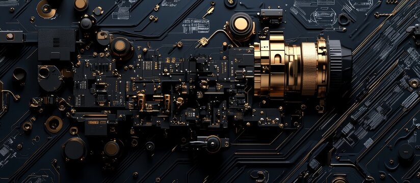 Gold camera lens on dark circuit board.