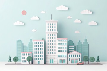 cute office building with city scape, 3d rendering illustration background