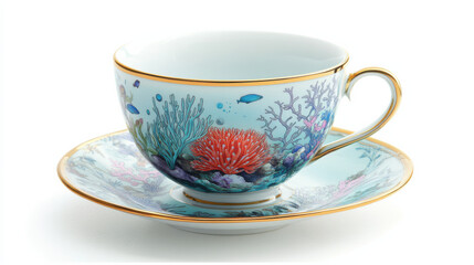 Fototapeta premium A delicate ceramic teacup and saucer showcasing cool tones of aquamarine and lavender, featuring a serene underwater reef-inspired design with coral and tropical fish, gold-trimmed edges