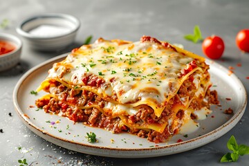 A plate of lasagna with layers of beef, cheese, and marinara sauce, set against a neutral light gray background with plenty of copy space.