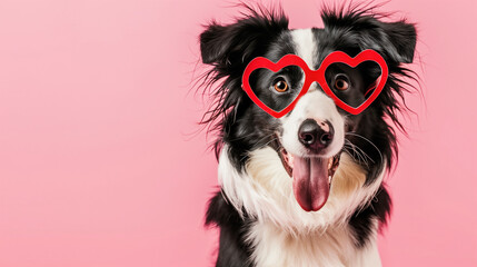 Fototapeta premium Playful dog wearing heart-shaped glasses on a pink background.