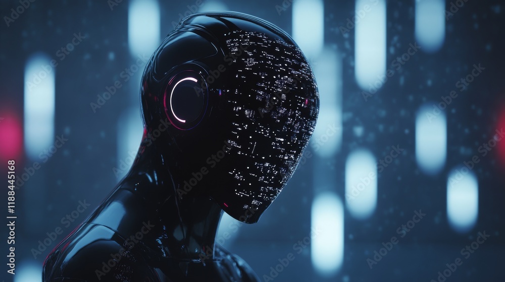 Poster innovative artificial intelligence and data analysis concept featuring futuristic digital interface,