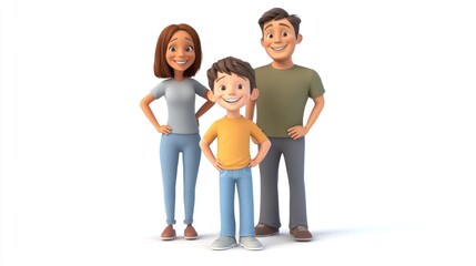 Happy cartoon family of three; mother, father, and son smiling together.