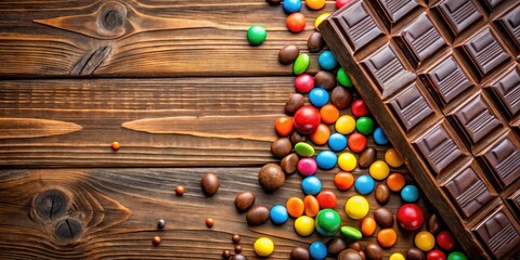 Chocolate bar on wooden table with colorful candy mix, sweets, dessert,  sweets, dessert, treats