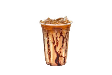 Mocha ice coffee serving with chocolate sauce and put on wooden plates in white background and isolate concept.
