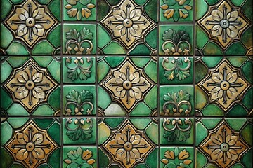 Intricate geometric pattern of green, gold tiles. Decorative design features floral, leaf motifs. Stylish, elegant. Vintage antique design. Traditional hand-made craft. Beautiful mosaic ceramic
