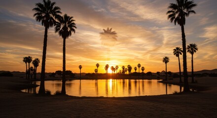 Obraz premium Ramadan Reflections Tranquil Oasis Nature Photography Desert Landscape Sunset Serenity Spiritual Connection