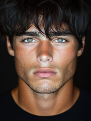 Obraz premium Intense portrait of young hispanic man with deep blue eyes and thick black dark hair