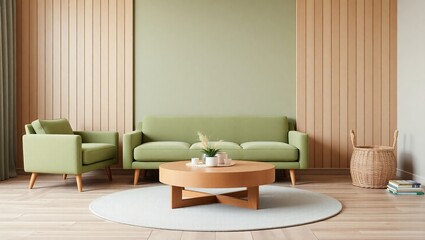 Modern Living Room Sage Green Sofa Wooden Accents