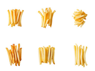 Six Portions of French Fries in Varied Arrangements Isolated On A White Background, PNG Transparent
