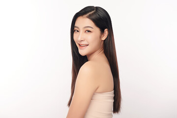 Fototapeta premium Beautiful young asian woman with clean fresh skin on white background, Face care, Facial treatment, Cosmetology, beauty and spa, Asian women portrait.