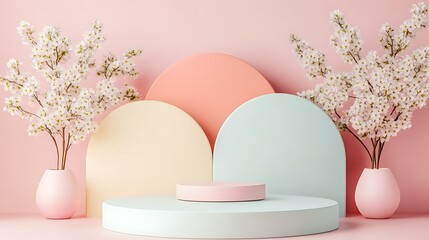 Fototapeta premium Pastel-colored podium wall with shapes creates minimalist display stage
